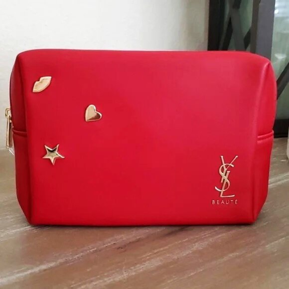 Yves Saint Laurent YSL Beaute Red Leather Embellished Cosmetic Pouch Travel Bag - Picture 3 of 11